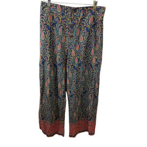 Sundance Catalog Navy Paisley Print Button Wide Leg Cotton Boho Pants Size S